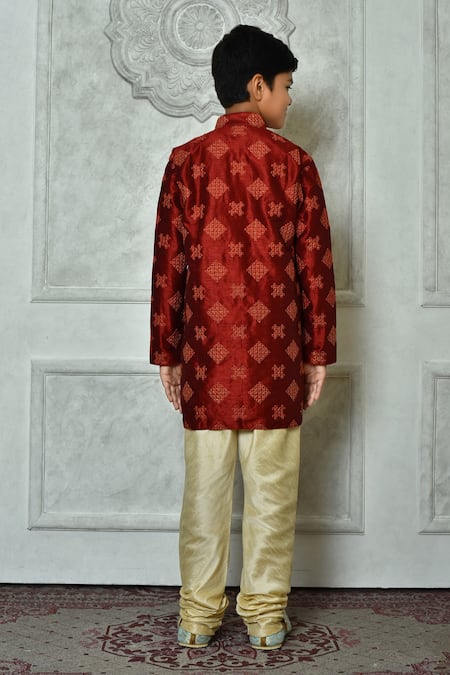 Shop Petite Pomme Red Silk Embroidery Floret Full Sleeve Kurta at Aza Fashions Shop_Petite Pomme_Red Silk Embroidery Floret Full Sleeve Kurta _at_Aza_Fashions