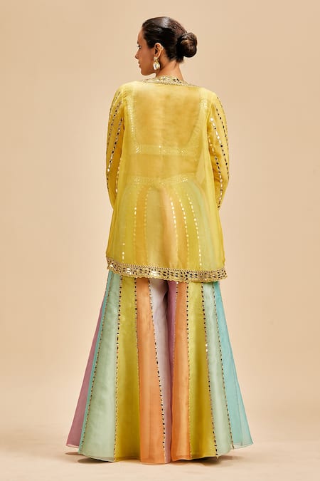 Shop Nitika Gujral Yellow Organza Embroidery Mirror Blouse V Work Sheer And Panelled Sharara Set at Aza Fashions Shop_Nitika Gujral_Yellow Organza Embroidery Mirror Blouse V Work Sheer And Panelled Sharara Set _at_Aza_Fashions
