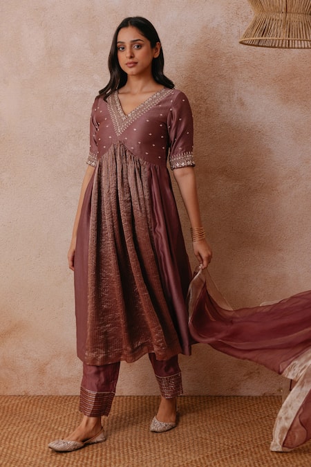 Shop Label Mansi Nagdev Brown Chanderi, Cotton, Silk, Organza Sadia Panelled Anarkali Palazzo Set at Aza Fashions Shop_Label Mansi Nagdev_Brown Chanderi, Cotton, Silk, Organza Sadia Panelled Anarkali Palazzo Set _at_Aza_Fashions