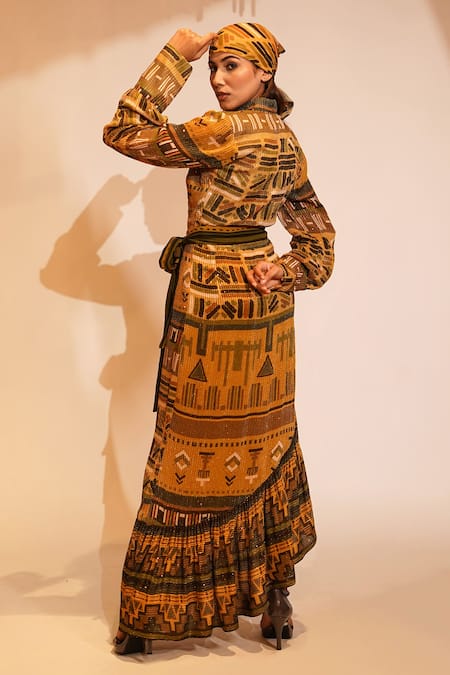 Shop Nikita Mhaisalkar Yellow Georgette Sequins Collared Aztec Print Ruffle Maxi Dress With Belt at Aza Fashions Shop_Nikita Mhaisalkar_Yellow Georgette Sequins Collared Aztec Print Ruffle Maxi Dress With Belt _at_Aza_Fashions