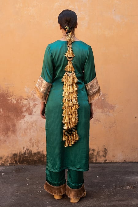 Shop_Avaasya Jaipur_Green Gabardine, Silk Fringe, Tassels V-neck Straight Kurta And Pant Set _at_Aza_Fashions