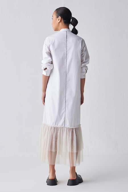Shop Three White Poplin, Net Bandeau Neck Gathered Hem Shirt Dress at Aza Fashions Shop_Three_White Poplin, Net Bandeau Neck Gathered Hem Shirt Dress _at_Aza_Fashions