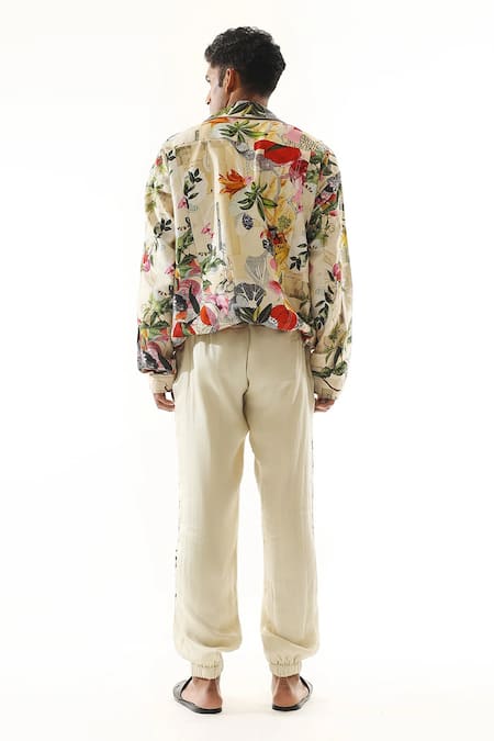 Shop_Mahima Mahajan_Multi Color Denim, Silk Tropical Jungle Print Jacket _at_Aza_Fashions