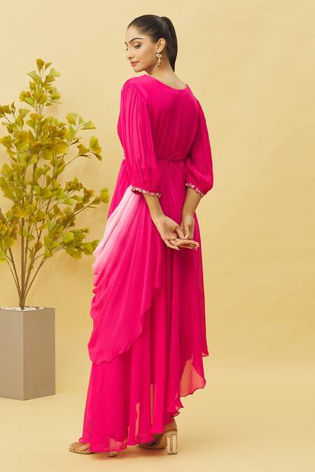 Shop Samyukta Singhania Pink Chiffon, Silk Sequins, Zari, Embroidery Round Neck Shaded Draped Dress at Aza Fashions Shop_Samyukta Singhania_Pink Chiffon, Silk Sequins, Zari, Embroidery Round Neck Shaded Draped Dress_at_Aza_Fashions