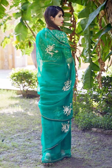 Shop_Atelier Shikaarbagh_Green Silk Organza, Brocade Zari, Embroidery V-neck Spring Placement Saree _at_Aza_Fashions