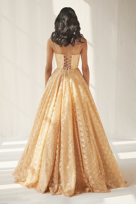 Shop Cedar & Pine Yellow Net Pearls, Sequins Sweetheart Neck Thread Embroidered Gown at Aza Fashions Shop_Cedar & Pine_Yellow Net Pearls, Sequins Sweetheart Neck Thread Embroidered Gown_at_Aza_Fashions