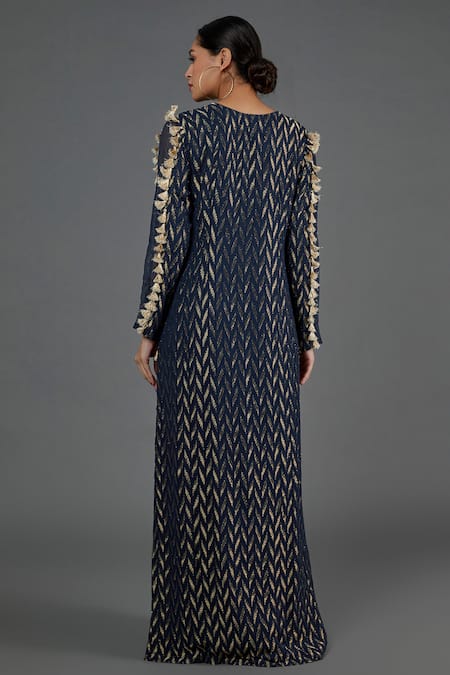 Shop_Payal Singhal_Blue Georgette Embroidery Floral Notched Neck Ikat Pattern Banarasi Kaftan _at_Aza_Fashions