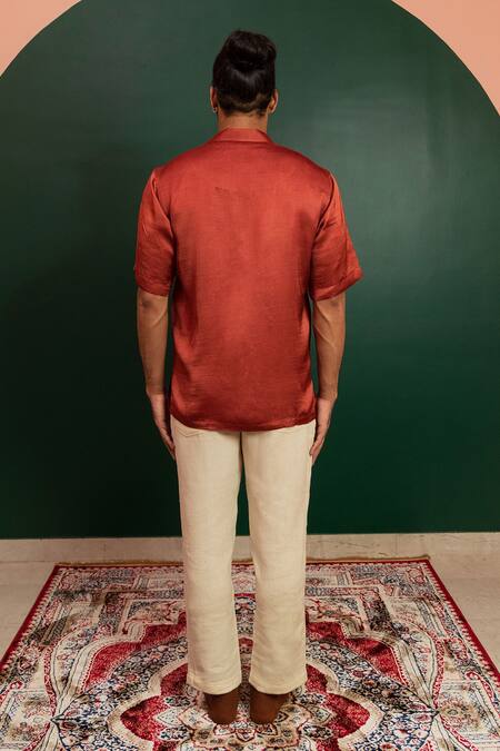 Shop Artless Orange Linen Satin Solid Flame Half Sleeved Shirt at Aza Fashions Shop_Artless_Orange Linen Satin Solid Flame Half Sleeved Shirt_at_Aza_Fashions