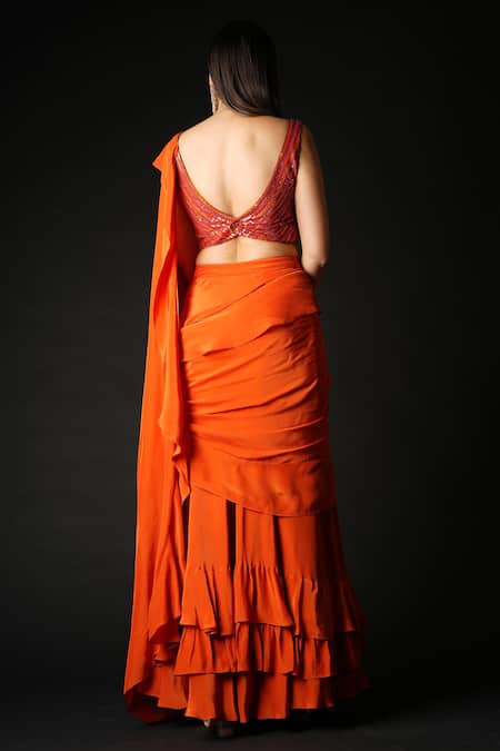 Vana Ethnics Pre-Draped Ruffle Saree With Sequin Blouse 