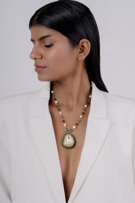 Osvag India Gold Semi Precious Polki Pendant Necklace 
