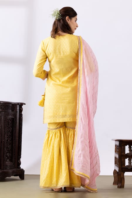 Shop Abbaran Yellow Chanderi Embroidery, Gota Patti Keyhole Neck Dori Kurta Gharara Set at Aza Fashions Shop_Abbaran_Yellow Chanderi Embroidery, Gota Patti Keyhole Neck Dori Kurta Gharara Set _at_Aza_Fashions