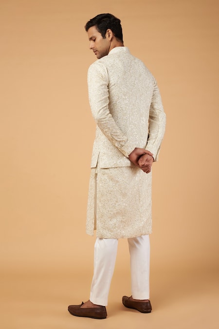 Shop Rabani & Rakha Ivory Georgette, Maheshwari, Cotton Sequins, Embroidery Floral Bundi Kurta Set at Aza Fashions Shop_Rabani & Rakha_Ivory Georgette, Maheshwari, Cotton Sequins, Embroidery Floral Bundi Kurta Set _at_Aza_Fashions