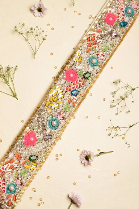 Shop Ara Studio Multi Color Embroidered Raw Silk Floral Belt at Aza Fashions Shop_Ara Studio_Multi Color Embroidered Raw Silk Floral Belt_at_Aza_Fashions