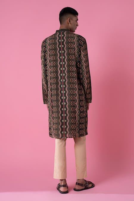 Shop_Siddhartha Bansal_Brown Cotton Dobby Stripe Printed Leaf Ombre Kurta Set  _at_Aza_Fashions