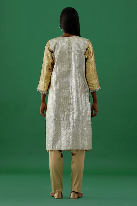 Shop 5elements Gold Silk Placement Embroidery Beads Notched Neck Textured Kurta With Pant at Aza Fashions Shop_5elements_Gold Silk Placement Embroidery Beads Notched Neck Textured Kurta With Pant _at_Aza_Fashions