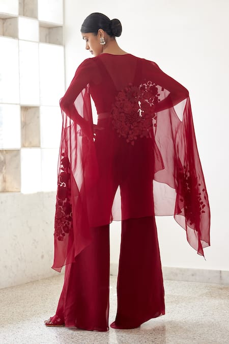Shop_Mishru_Red Organza Embroidery Square Neck Posy Floral Bunches Cape And Pant Set _at_Aza_Fashions