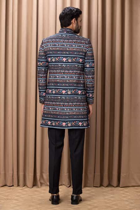 Shop Ankit V Kapoor Blue Cotton, Silk Lakeer Printed Bandhgala Jacket And Trouser Set at Aza Fashions Shop_Ankit V Kapoor_Blue Cotton, Silk Lakeer Printed Bandhgala Jacket And Trouser Set _at_Aza_Fashions