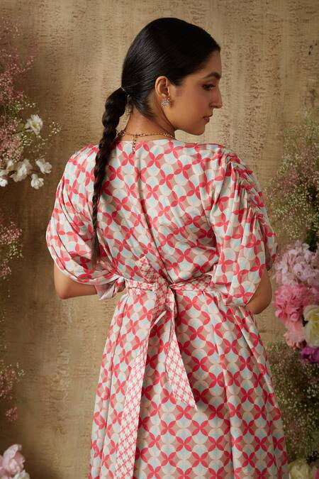 Shop Ria Shah Label Pink Polyester, Crepe Pearls, Geometric Print Front Slit Kaftan With Sharara at Aza Fashions Shop_Ria Shah Label_Pink Polyester, Crepe Pearls, Geometric Print Front Slit Kaftan With Sharara _at_Aza_Fashions