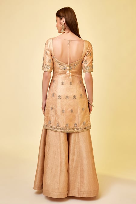 Shop Shyam Narayan Prasad Pink Brocade, Net Embroidery, Zari, Tassels Sweetheart Neck Kurta Sharara Set at Aza Fashions Shop_Shyam Narayan Prasad_Pink Brocade, Net Embroidery, Zari, Tassels Sweetheart Neck Kurta Sharara Set _at_Aza_Fashions