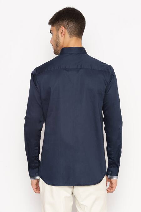 Shop_Lacquer Embassy_Navy Cotton Satin Embroidery Blue Abstract Shirt _at_Aza_Fashions