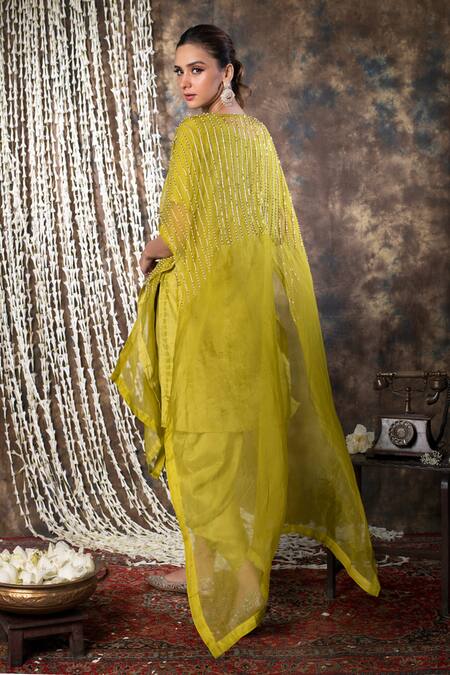 Shop Kesar Studio Green Silk, Organza Round Neck Pipe Embellished Cape Dhoti Pant Set at Aza Fashions Shop_Kesar Studio_Green Silk, Organza Round Neck Pipe Embellished Cape Dhoti Pant Set_at_Aza_Fashions