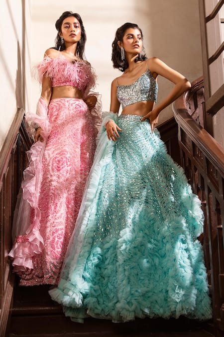 Shop Nadine Dhody Blue Tulle Stones, Ruffles Square Neck Amia Embroidered Lehenga Set at Aza Fashions Shop_Nadine Dhody_Blue Tulle Stones, Ruffles Square Neck Amia Embroidered Lehenga Set _at_Aza_Fashions
