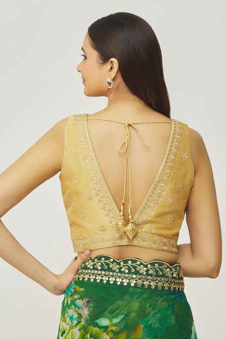 Samyukta Singhania Gold Embroidered Plunge V Neck Blouse 
