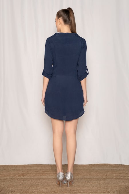 Shop Amrta By Guneet Kondal Blue Viscose Sequins, Cut Work Collared Tie Up Front Shirt Dress at Aza Fashions Shop_Amrta By Guneet Kondal_Blue Viscose Sequins, Cut Work Collared Tie Up Front Shirt Dress _at_Aza_Fashions