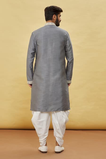 Shop Arihant Rai Sinha Grey Silk, Cotton Embroidery Cuff Kurta And Dhoti Pant Set at Aza Fashions Shop_Arihant Rai Sinha_Grey Silk, Cotton Embroidery Cuff Kurta And Dhoti Pant Set _at_Aza_Fashions