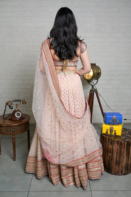 Shop Priti Sahni Pink Silk, Georgette, Tulle Sequins, Zari Sweetheart Embroidered Lehenga Set at Aza Fashions Shop_Priti Sahni_Pink Silk, Georgette, Tulle Sequins, Zari Sweetheart Embroidered Lehenga Set _at_Aza_Fashions