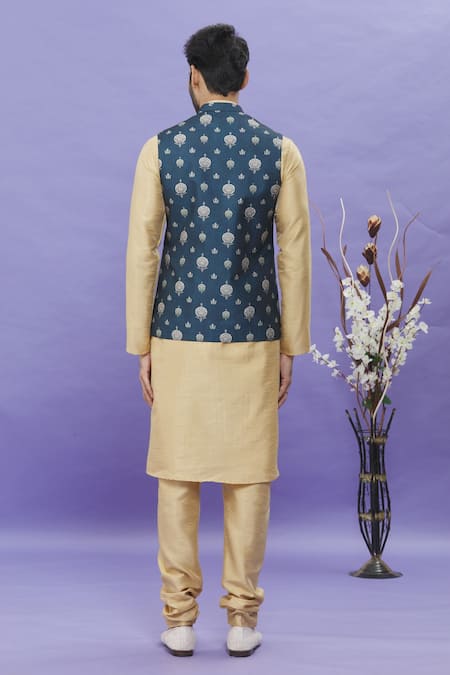 Shop_Arihant Rai Sinha_Blue Silk, Brocade Floral Printed Nehru Bundi _at_Aza_Fashions