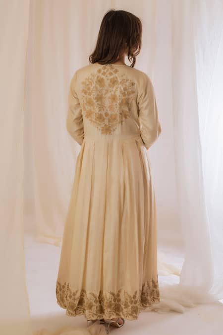 Shop Vaani Beswal Beige Handwoven Tussar Silk Floral, Thread Round Sleeve Embroidered Dress at Aza Fashions Shop_Vaani Beswal_Beige Handwoven Tussar Silk Floral, Thread Round Sleeve Embroidered Dress _at_Aza_Fashions
