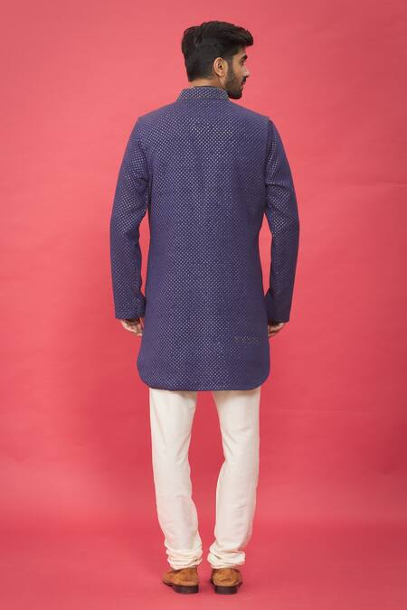 Shop Nero By Shaifali And Satya Blue Lucknowi Geometric D-constructed Long Bundi And Kurta Set at Aza Fashions Shop_Nero By Shaifali And Satya_Blue Lucknowi Geometric D-constructed Long Bundi And Kurta Set_at_Aza_Fashions