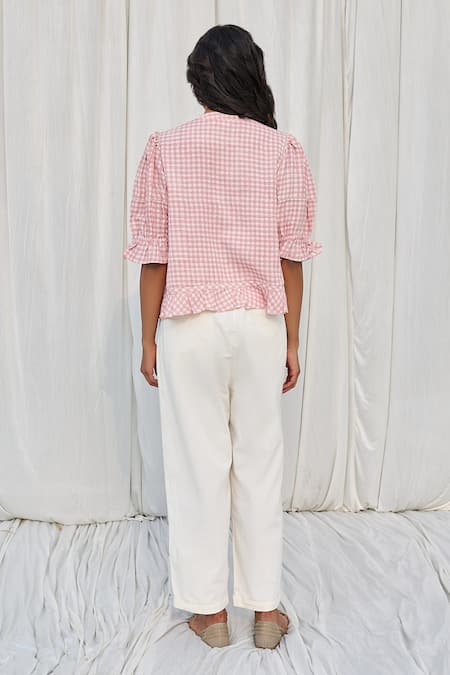 Shop Ayaka Pink Cotton Embroidery Round Neck Printed Top at Aza Fashions Shop_Ayaka_Pink Cotton Embroidery Round Neck Printed Top _at_Aza_Fashions