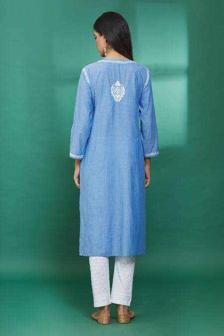 Shop The Chikankarists Blue Denim Cotton Floral Chikankari Kurta at Aza Fashions Shop_The Chikankarists_Blue Denim Cotton Floral Chikankari Kurta_at_Aza_Fashions
