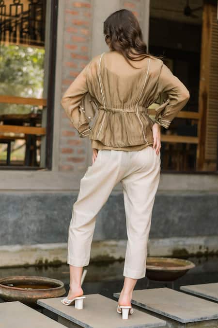 Shop_Vaani Beswal_Green Chanderi, Cotton Embroidery Collared Aasma Top And Pant Set _at_Aza_Fashions