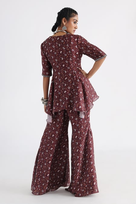 Shop Smriti By Anju Agarwal Brown Georgette, Satin, Taffeta Embroidery Floral Print Tunic And Flared Pant Set at Aza Fashions Shop_Smriti By Anju Agarwal_Brown Georgette, Satin, Taffeta Embroidery Floral Print Tunic And Flared Pant Set _at_Aza_Fashions