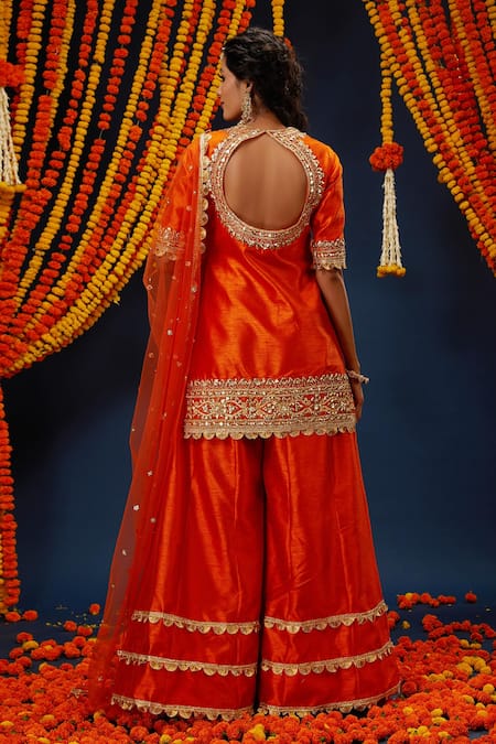 Shop_Preeti S Kapoor_Orange Silk, Net Gota Patti Round Neck Embroidered Kurta Sharara Set _at_Aza_Fashions