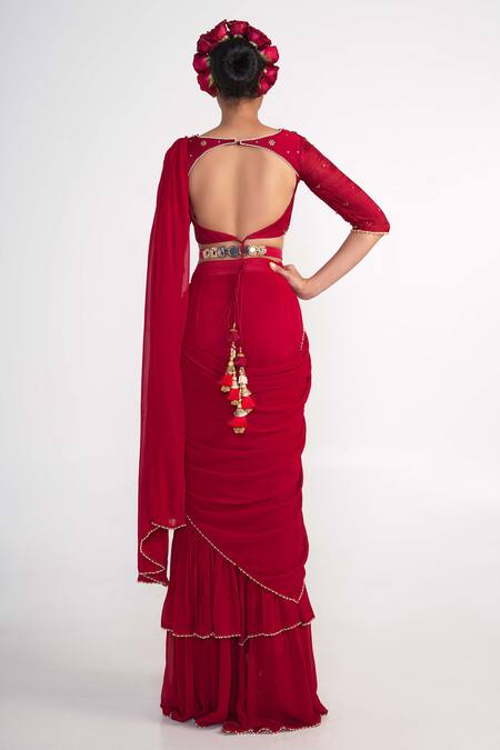 Shop_Merge Design_Red Georgette, Modal, Crepe, Satin Mirrors, Pearls Ruffle Pre-draped Saree Set _at_Aza_Fashions