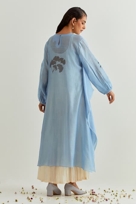 Shop Prama By Pratima Pandey Blue Chanderi Embroidery Round Neck Floral Print Dress With Inner at Aza Fashions Shop_Prama By Pratima Pandey_Blue Chanderi Embroidery Round Neck Floral Print Dress With Inner _at_Aza_Fashions