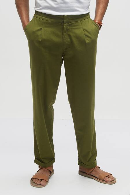 Shop_Terra Luna_Green 100% Organic Handloom Oxford Cotton Solid Inverted Hem Pleated Pant _at_Aza_Fashions