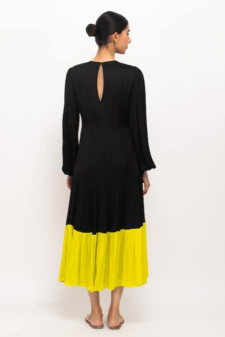 Neora By Nehal Chopra_Black Bamboo, Silk Round Neck Contrast Panel Dress _Online_at_Aza_Fashions