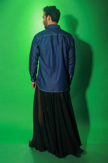 Shop Echke Blue Cotton Embroidery Threadwork Tangent Shirt at Aza Fashions Shop_Echke_Blue Cotton Embroidery Threadwork Tangent Shirt _at_Aza_Fashions