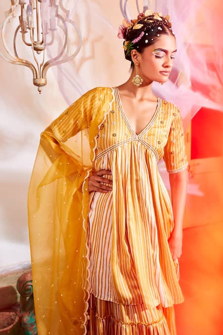 Mona And Vishu Stripe Print Peplum Kurta Sharara Set 
