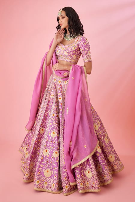 Shop Shyam Narayan Prasad Purple Silk, Organza Embroidery, Tassels Asymmetric Floral Gota Lehenga Set at Aza Fashions Shop_Shyam Narayan Prasad_Purple Silk, Organza Embroidery, Tassels Asymmetric Floral Gota Lehenga Set _at_Aza_Fashions