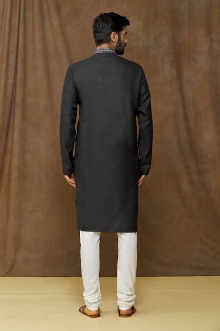 Shop Arihant Rai Sinha Black Linen, Cotton Embroidery Thread Placket Kurta at Aza Fashions Shop_Arihant Rai Sinha_Black Linen, Cotton Embroidery Thread Placket Kurta _at_Aza_Fashions