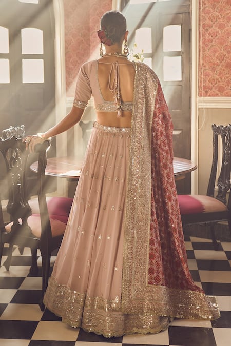 Shop_Lashkaraa_Pink Silk, Georgette Sequins, Stones, Zari Butti Embroidered Lehenga Set _at_Aza_Fashions