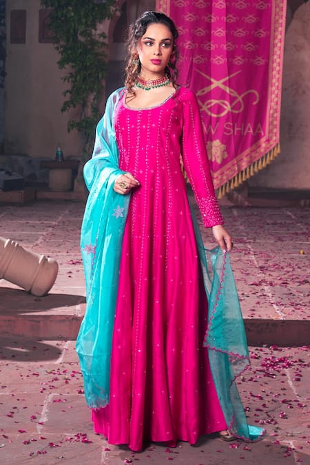 Shop Show Shaa Pink Chanderi, Organza, Crepe Sequins, Embroidery Round Anarkali With Dupatta at Aza Fashions Shop_Show Shaa_Pink Chanderi, Organza, Crepe Sequins, Embroidery Round Anarkali With Dupatta _at_Aza_Fashions