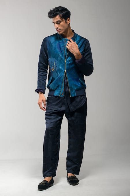 Jatin Malik Blue Linen Silk Ombre Bomber Jacket With Kurta Set 