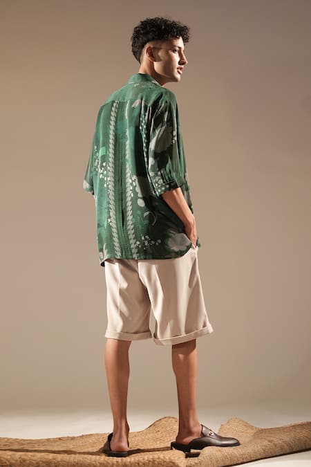 Shop_Nikita Mhaisalkar_Green Bamboo Embroidery Abstract Floral Print Shirt _at_Aza_Fashions